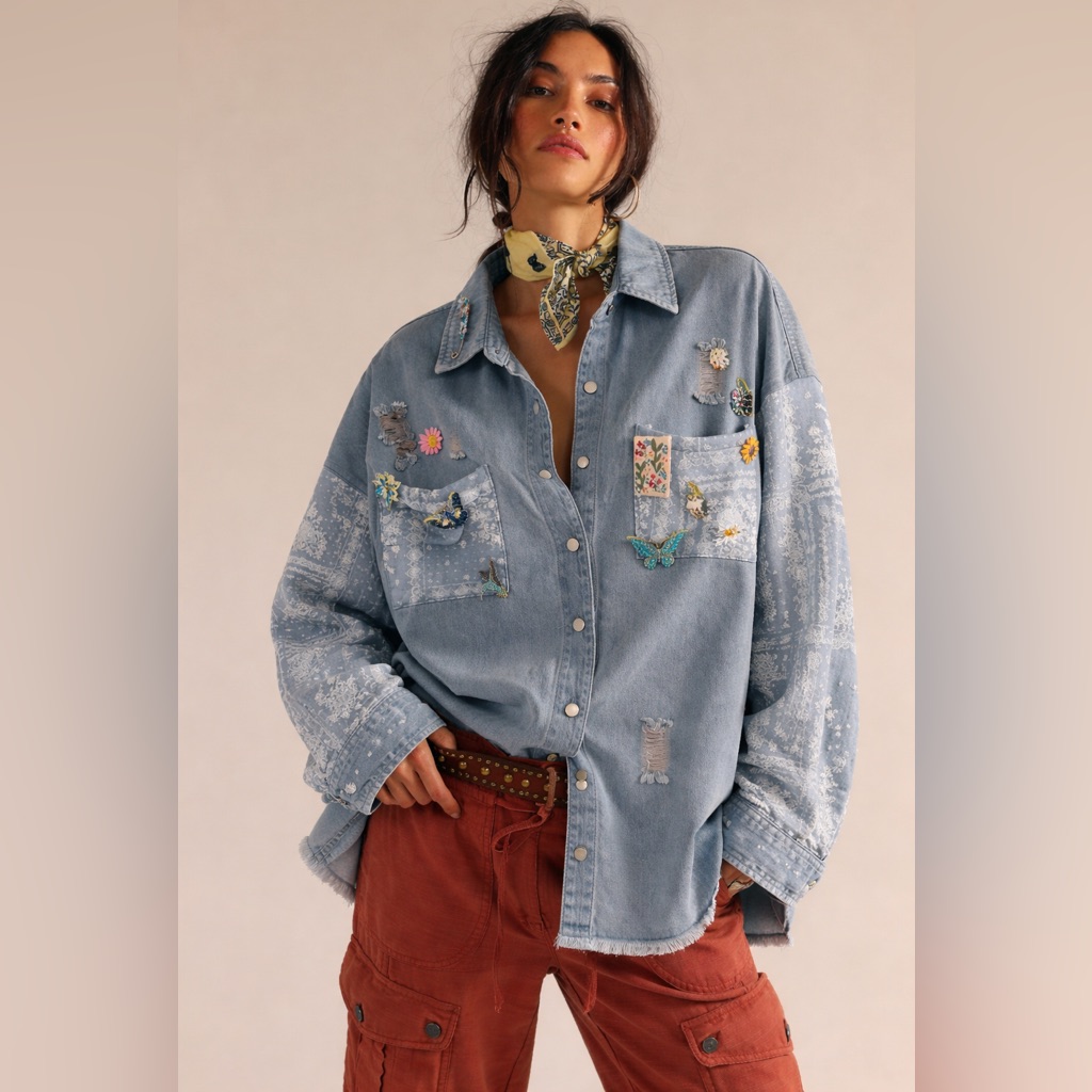 Hippee Harvest Custom Denim Bandana Trim Pins Shacket